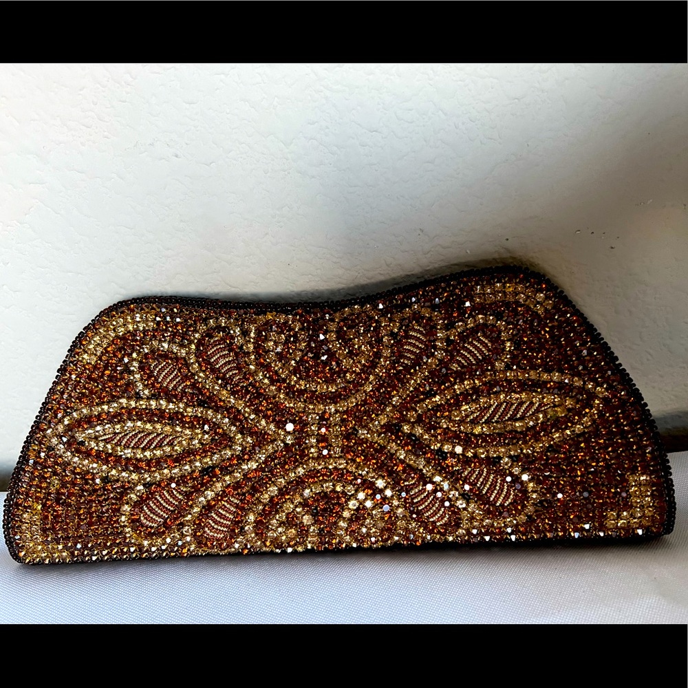 Dark brown clutch shoulder purse, with yellow and brown beaded work.